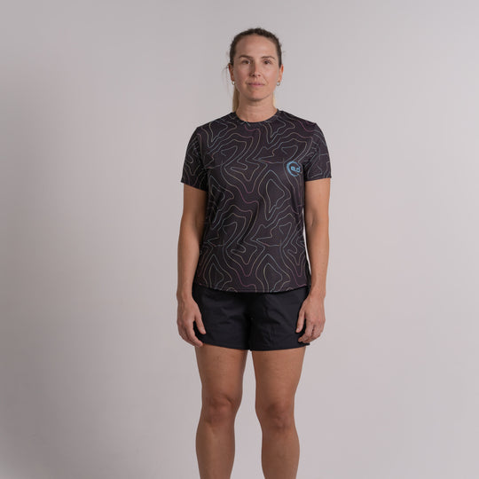 Womens Performance Active Tee Air Mesh Opal 16 Opal Black Print with Blue Logo