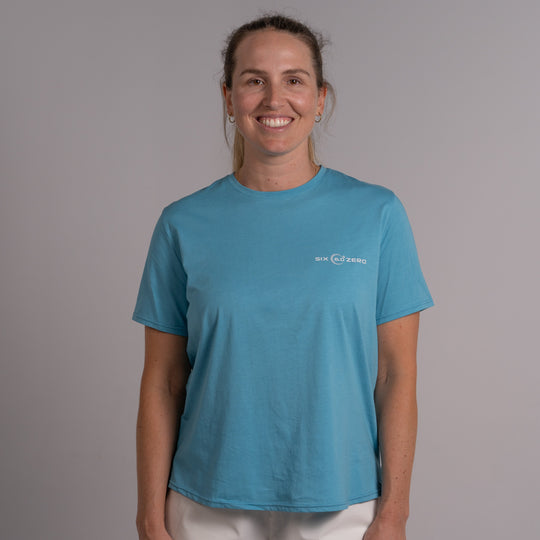Womens Basic Short Sleeve Cotton Tee Ocean Blue with White Logo