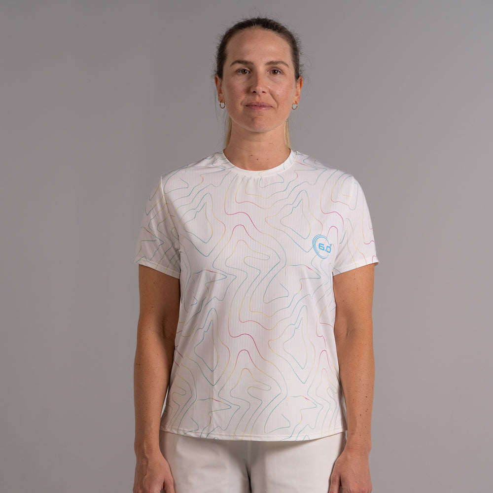 Womens Performance Active Tee Air Mesh Opal Opal White Print with Blue Logo