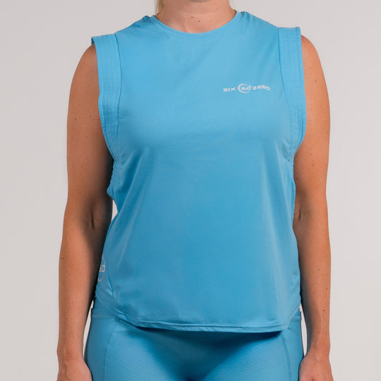 Womens Performance Split Power Tee 16 Ocean Blue with White Logo
