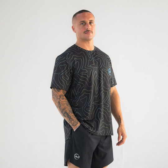 Mens Performance Active Tee Air Mesh Opal Opal Black Print with Blue Logo