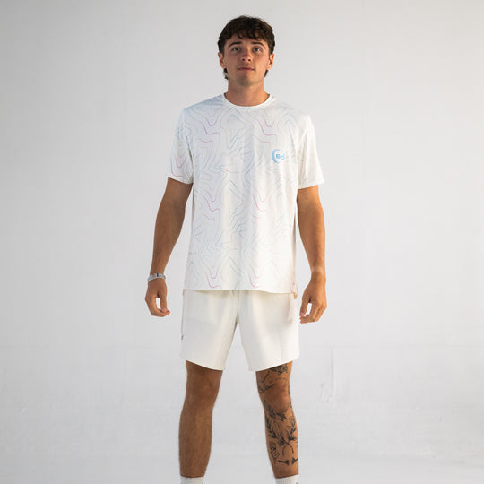 Mens Performance Active Tee Air Mesh Opal Opal White Print with Blue Logo